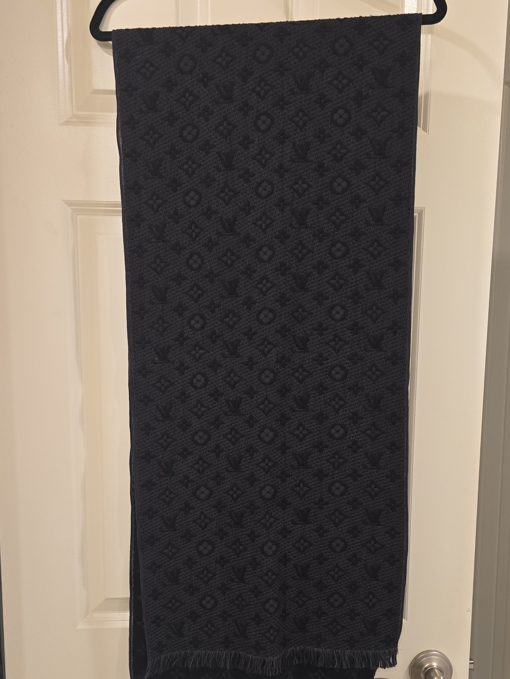 Louis Vuitton Black Textured Logo Scarf with Gold Label